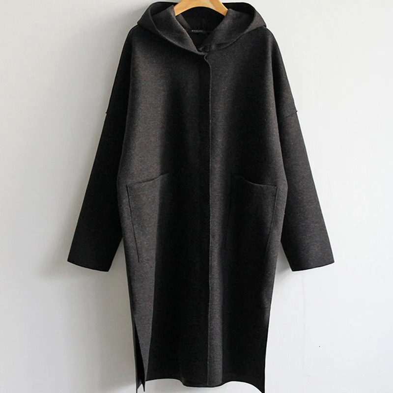 Fashion autumn winter Korean wool coat womens hooded cashmere slit pocket loose cloak long sleeved solid color windproof machine 241019