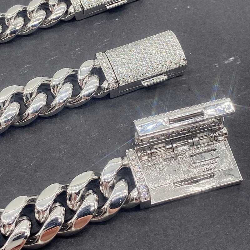 10MM Moissanite Sliver Buckle Stainless Steel Cuban Mens Chain Plated 16K White Gold Bracelet Necklace for Men