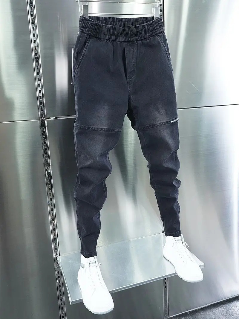 Mens Italian Jeans Black Grey Stretchy Tapered Harem Pants and Embroidered Elastic Waist Casual Trousers 241009