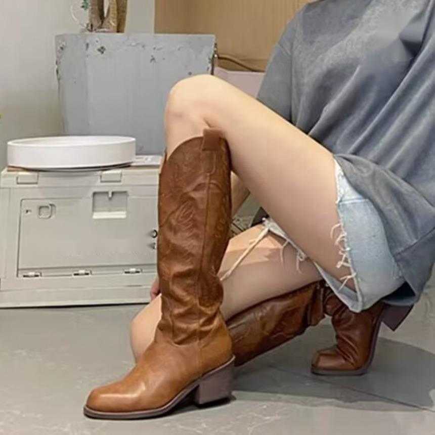 Fashion Boots Western High-heeled Cowboy Boots Female Knight Boots Pointed Brown Thick Heel Ankle Boots Long Boots 241008