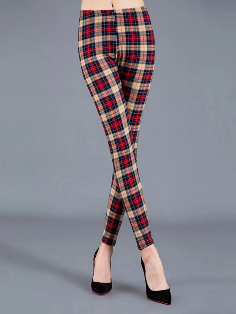 CUHAKCI Female Fitness Legging Print Plaid Leggings Lady Sexy Slim Pencil Pants Push Up Elastic Waist Trousers 241007