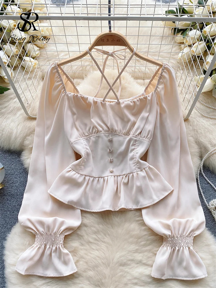 SINGREINY Women Halter Vintage Slim Blouse Autumn Squre Neck Long Sleeves Elastic Waist Chic Top Korean sweet OL Shirt 241019