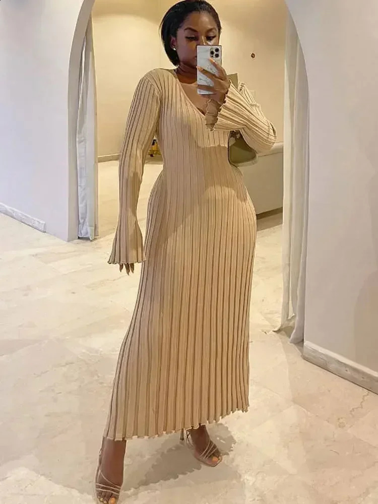 Streetwear Solid V Neck Lace Up Slim Dresses Elegant Pleated Full Sleeves Knitted Maxi Dress Women 2024 Autumn Winter Dress 241010