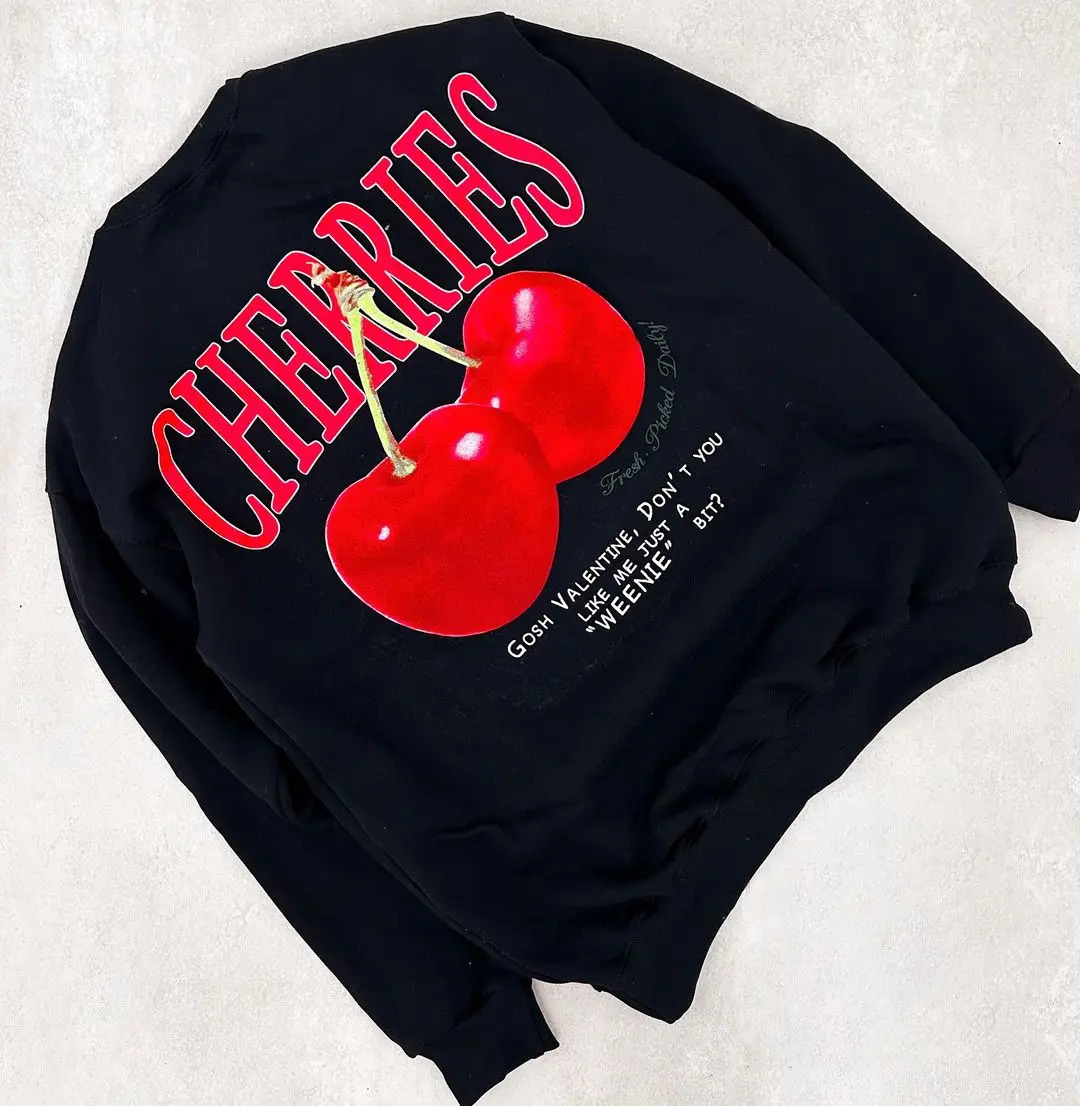 Harajuku Fashion Cherry Printed Long Sleeve Graphic T-shirt Large Street Gothic Sweater Y2K Top Garbage Mens Wear 241019