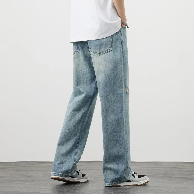 Mens Baggy Jeans Straight Ripped High Street Vintage Y2k Pants Fashion Frayed Distressed Denim Trousers Male Clothes 241009