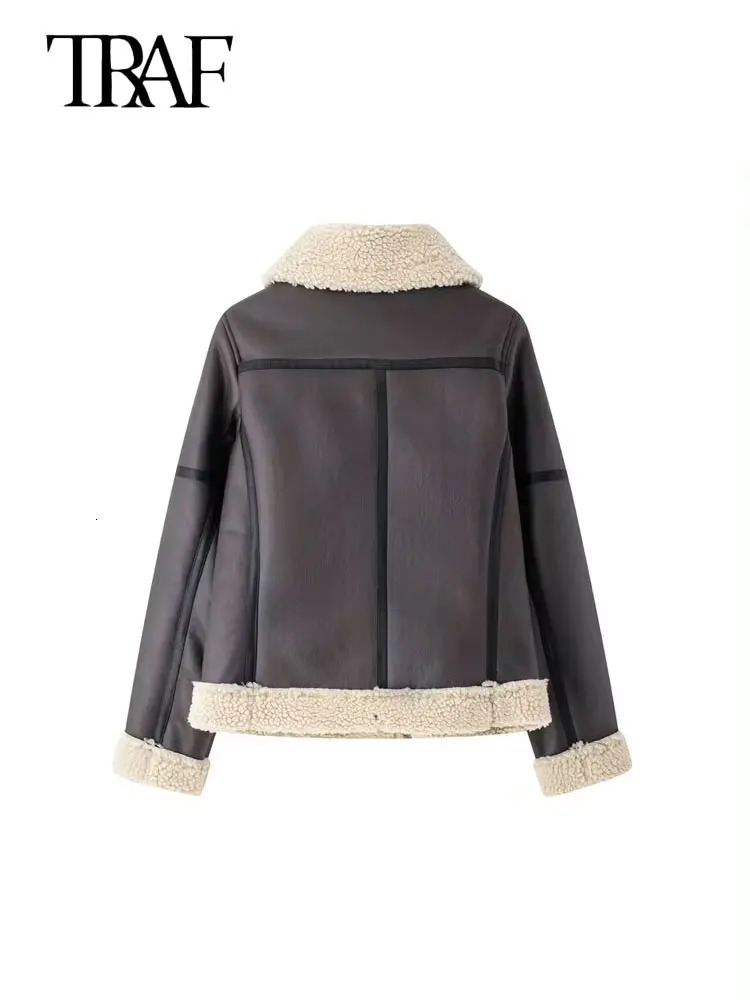 TRAF Womens Thick Warm Suede Jacket with Belt Long Sleeve Coat Artificial Cut Womens Wear Fashion Top Winter Fashion 241007
