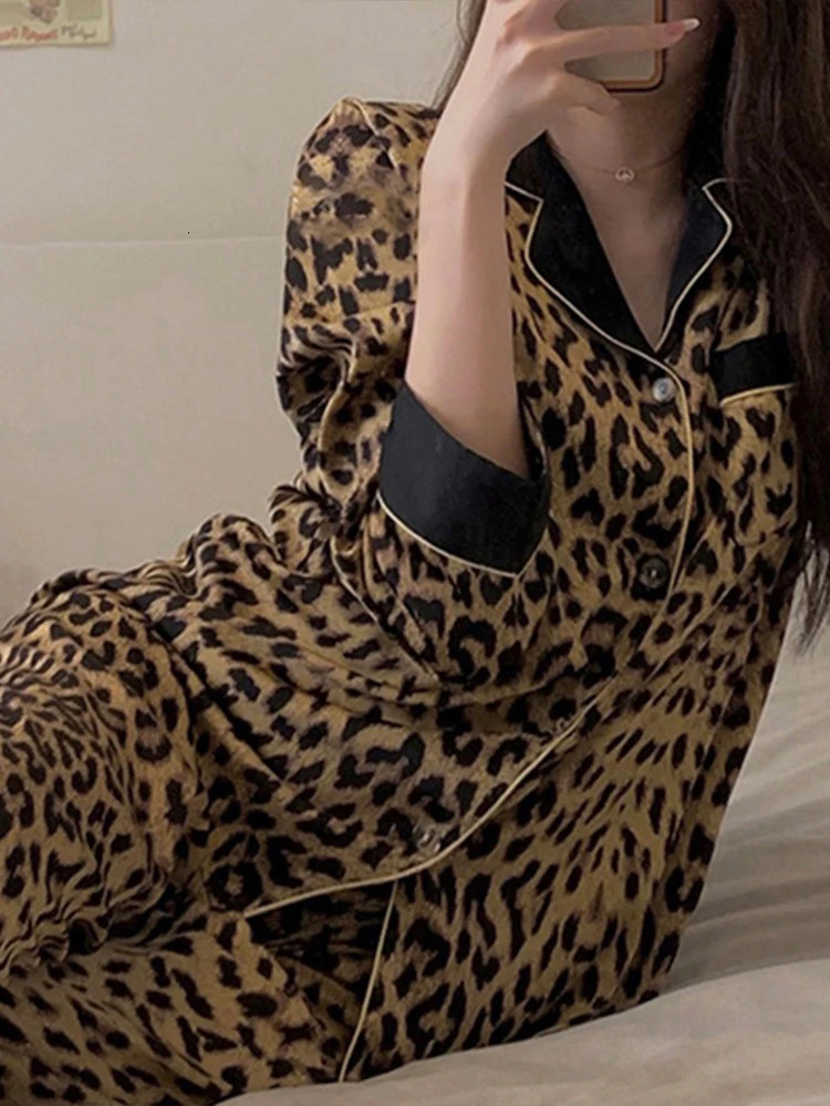 fashion 2025 Korean Fashion Leopard Cardigan Leisure Wear Women Nightgown Cosplay Sexy New Autumn Winter Casual Pama Sets