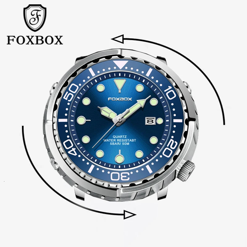 FOXBOX Top Fashion Diving Watch Mens 50ATM Waterproof Date Watch Sports Watch Mens Quartz Watch Relogio Masculino 241019