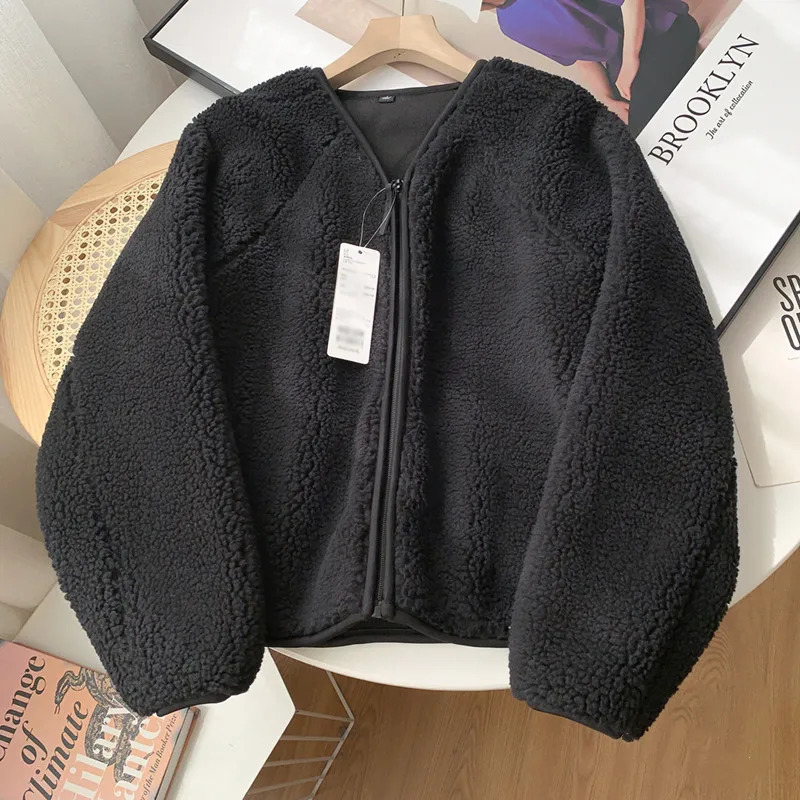 Mens Jacket Autumn/Winter Soft Sherpa V-neck Zipper Warm Polar Wool Short Sleeve Womens Long Sleeve Solid Color Top 241007
