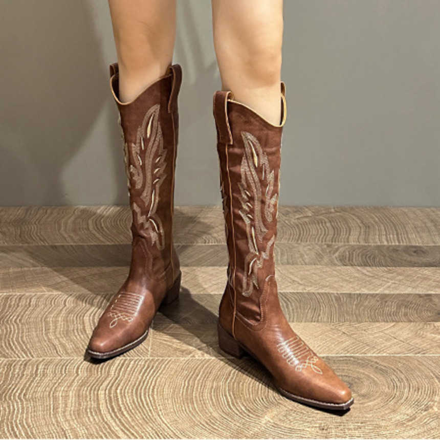 Fashion Boots Leather Embroidered Western Cowboy Boots Coarse Heel Ankle Boots Square Head Knight Boots Chelsea Boots Mid Length Boots 241008