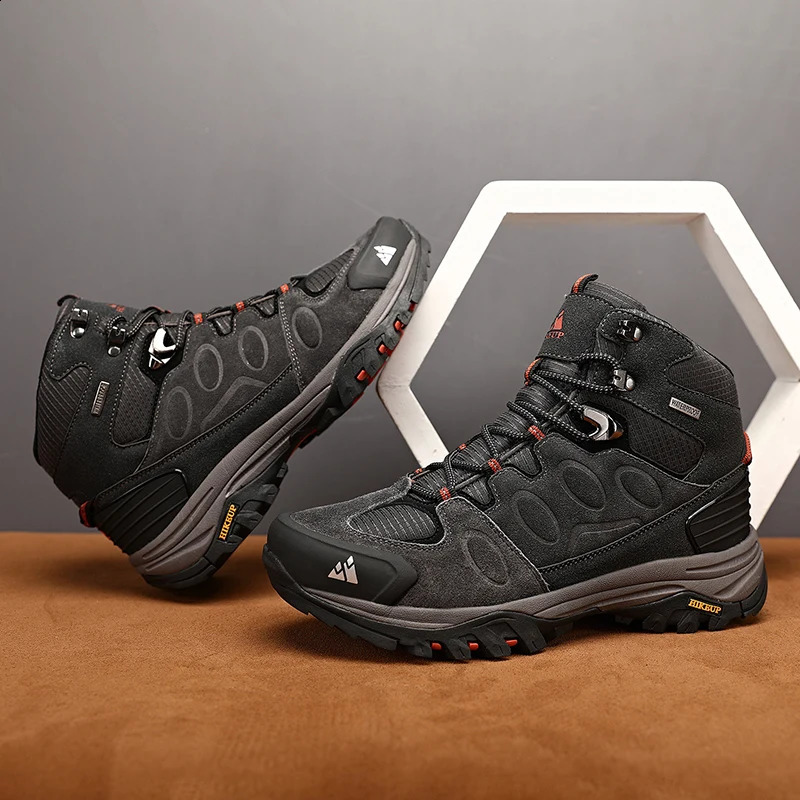 HIKEUP HighTop Men Hiking Boot Winter Outdoor Shoes LaceUp Nonslip Sports Casual Trekking Boots Man Suede Warm 241028