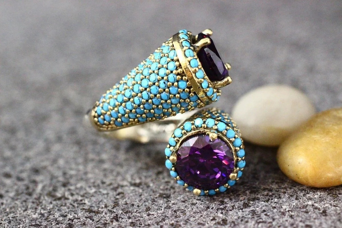 natural gem Amethyst and Turquoise Ring womens party anniversary boutique jewelry 241010