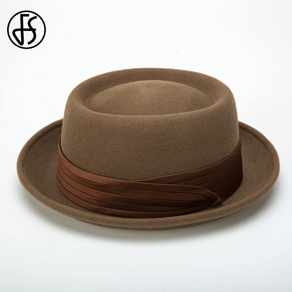 FS Roll Brim Black Pork Pie Hat Mens Ivory White Wool Fedoras Deep Camel Jazz Hat Church Panama Gangster Hat Gentlemen 241019