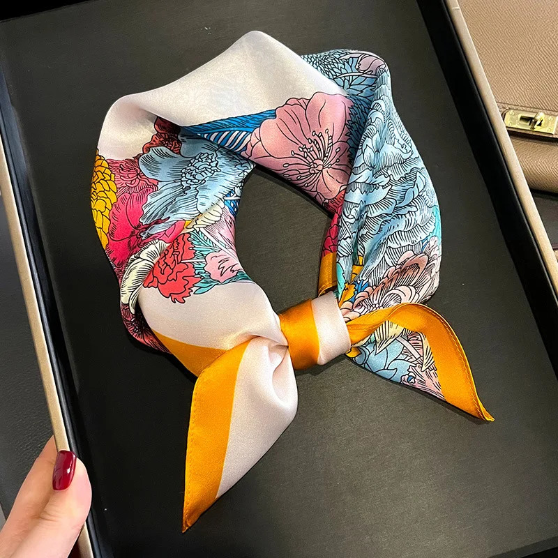 Women Square Silk Scarf Foulard Bandana Lady Floral Scarves for Hair Bands Neckerchief Spring Bag Ties 53cm 250117