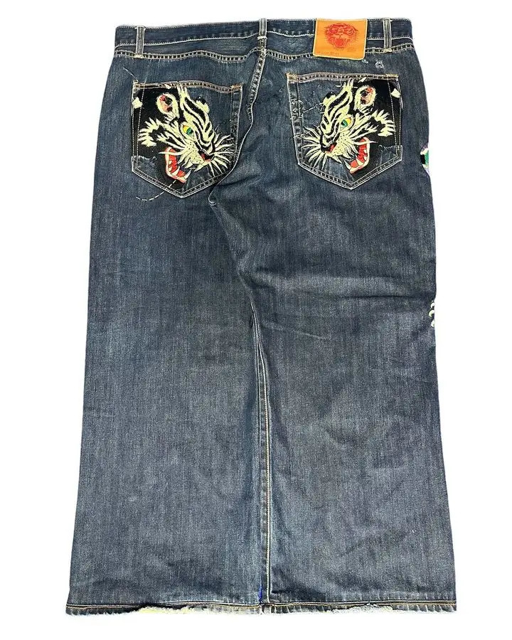 Y2K Harajuku Hip Hop Rock Graphic Print Retro Blue Pocket Jeans Womens Low Waist Wide Leg Trousers 241019