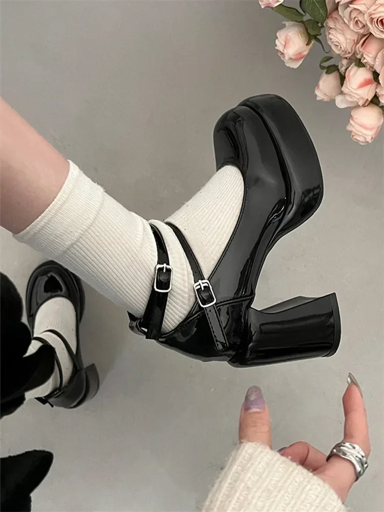 Mary Jane Pumps for Women Girls Fashion Short and Fat High Heels Wedding Shoes Spring Pumps Classic Double Buckle 241019