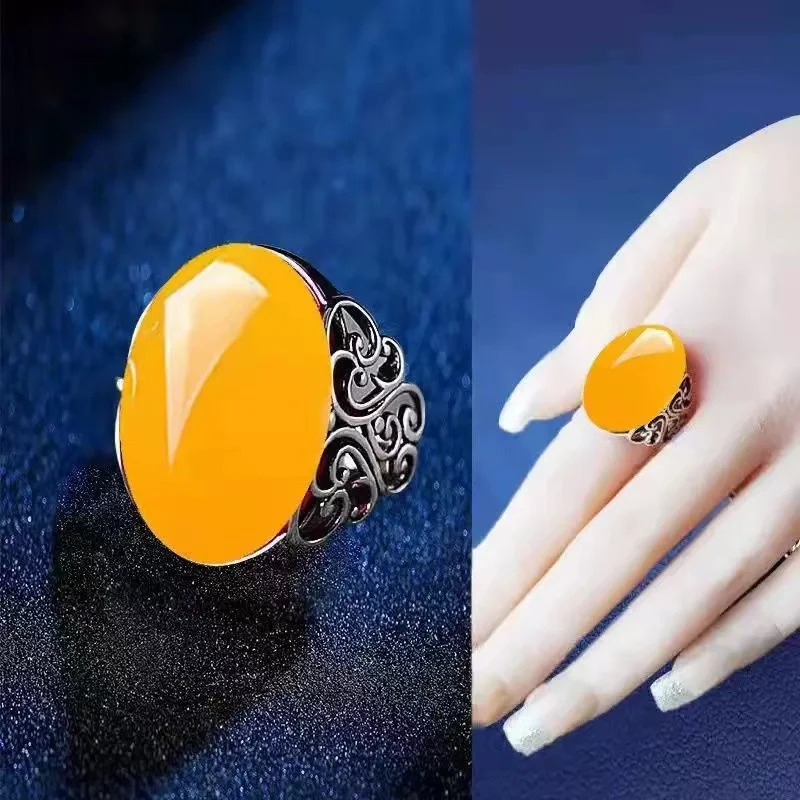 Wus Red Agate Chalcedony Ancient Silver Color Open Ring Female Crown Hollow Butterfly Adjustable 241010