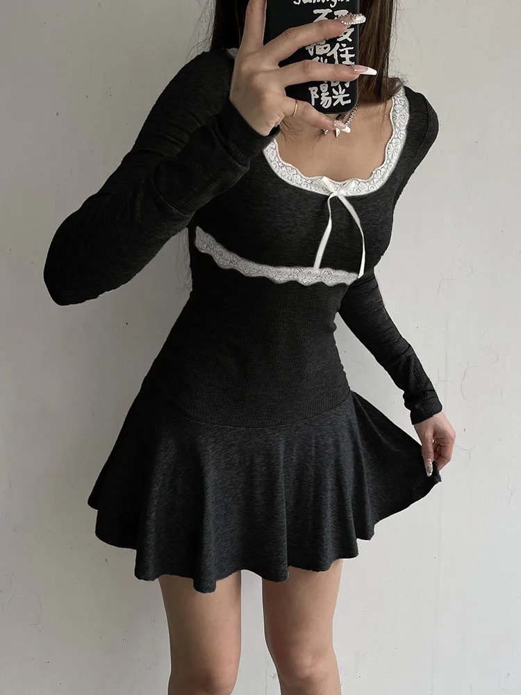 IAMSURE Sweet Patchwork Lace ALine Dress Casual Basic Square Collar Long Sleeve Mini Dresses For Women 2023 Autumn Spring Lady 241007