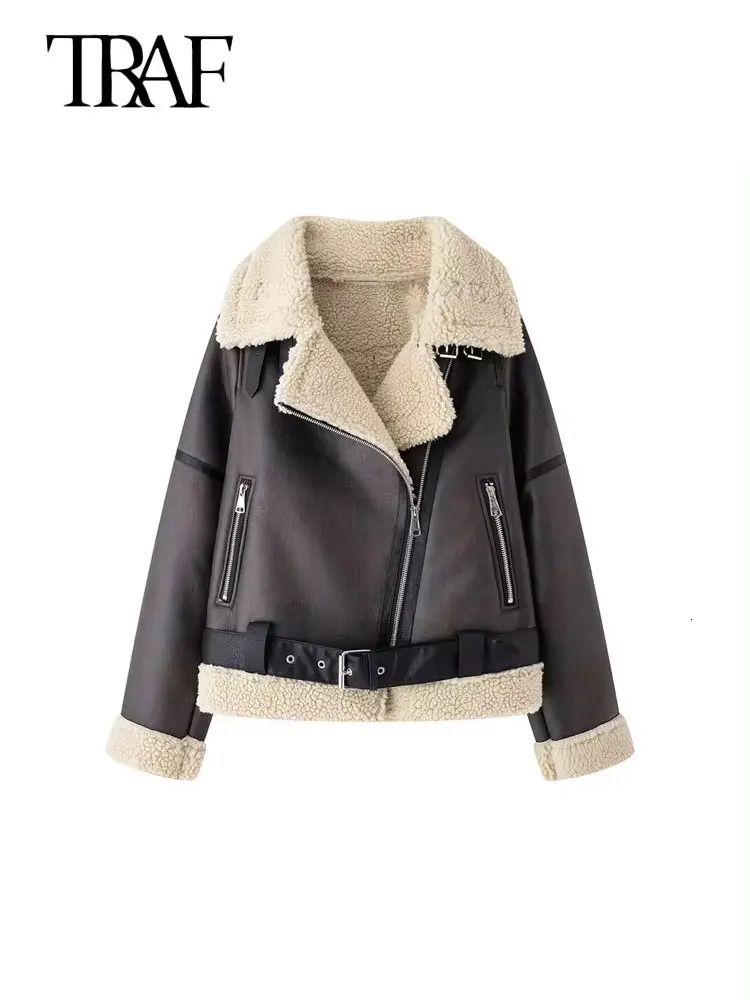 TRAF Womens Thick Warm Suede Jacket with Belt Long Sleeve Coat Artificial Cut Womens Wear Fashion Top Winter Fashion 241007