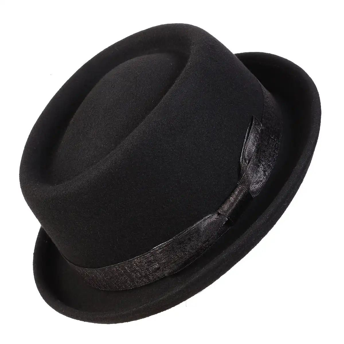 Black Pork Pie Hat Wool Felt Bow Mens Fedora Jazz Hat Church Panama Gangster Hat Mens Fashion Pigskin Hat 241019