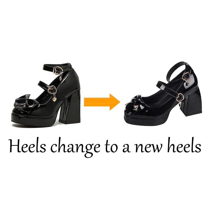 Punk Heart Button High Heels Pump Womens Spring Y2K Black Short Fat Platform Lolita Shoes Womens Bow Thick High Heels Gothic Shoes 241019