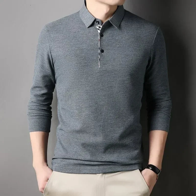 Men Long Sleeve Solid Casual Polo Shirts Spring Autumn Loose Streetwear Male Clothes splicing Lapel Plaid Business Office Tops 241009
