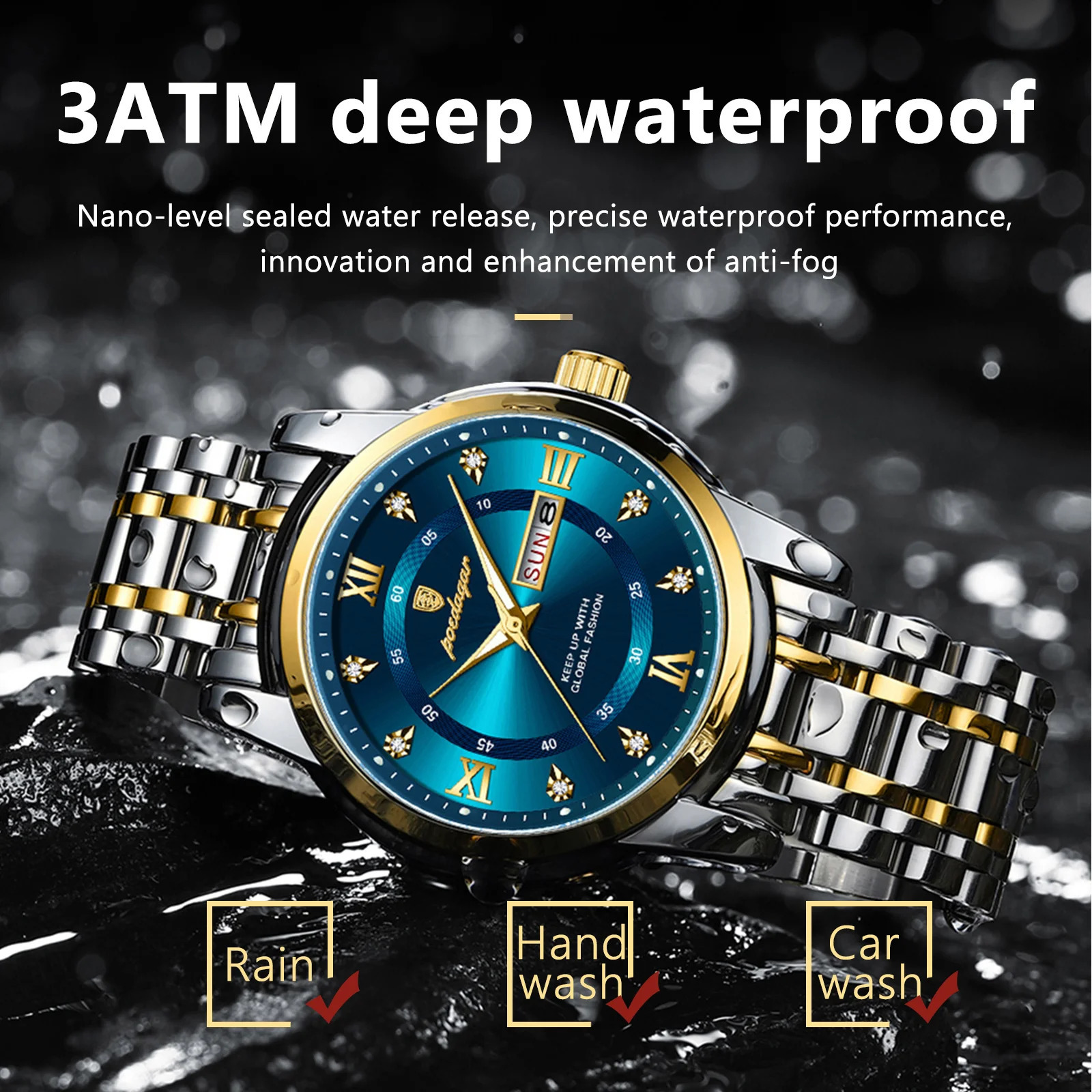 Poedagar mens watch elegant date week waterproof luminous mens watch quartz stainless steel sports mens watch reloj 241019