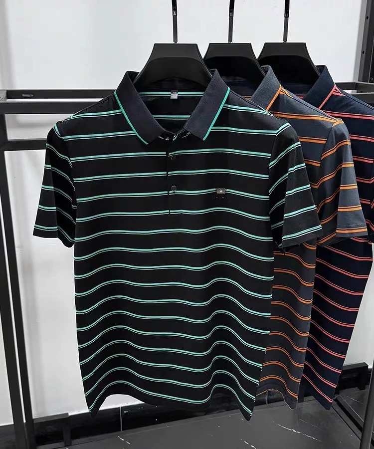 High end striped short sleeve mens POLO shirt summer fashion top highend color sense badge breathable Tshirt 241010