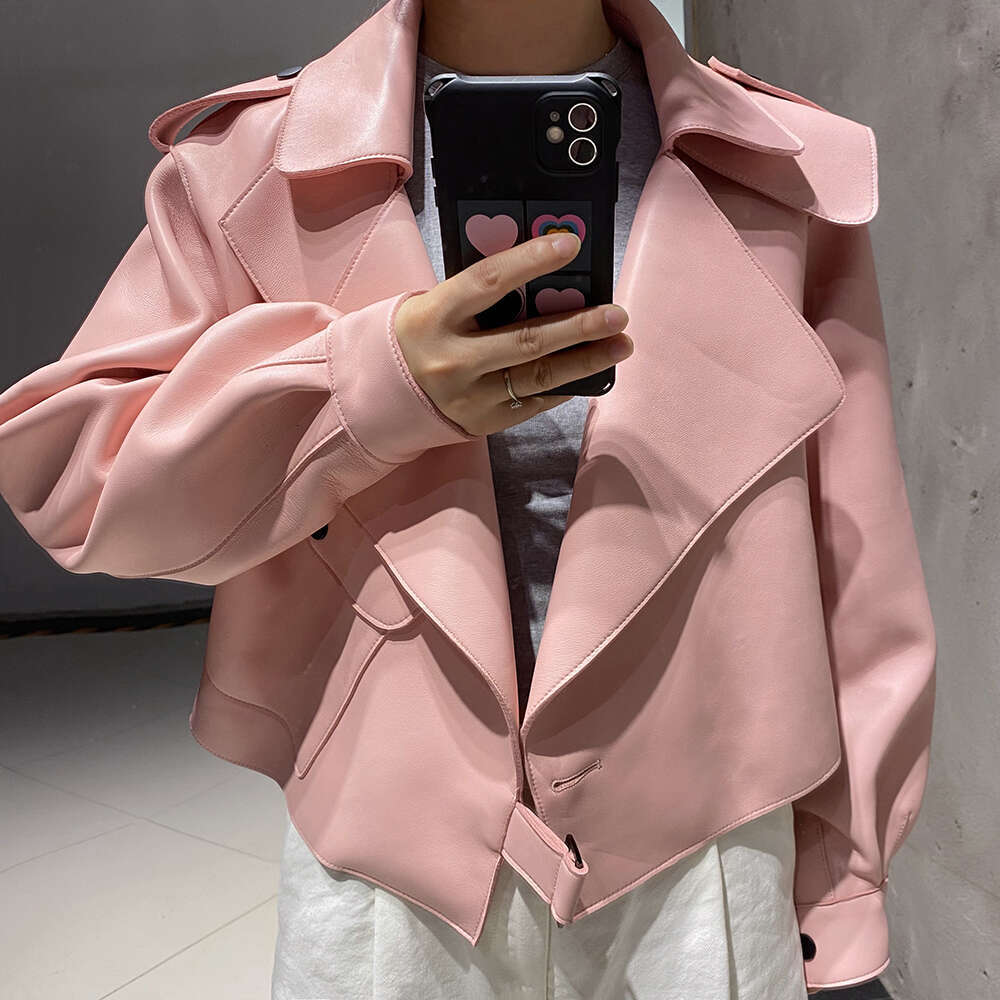 Yoloagain Women's Oversized Real Long Sleeve Pink Leather Jacket Ladies 250526