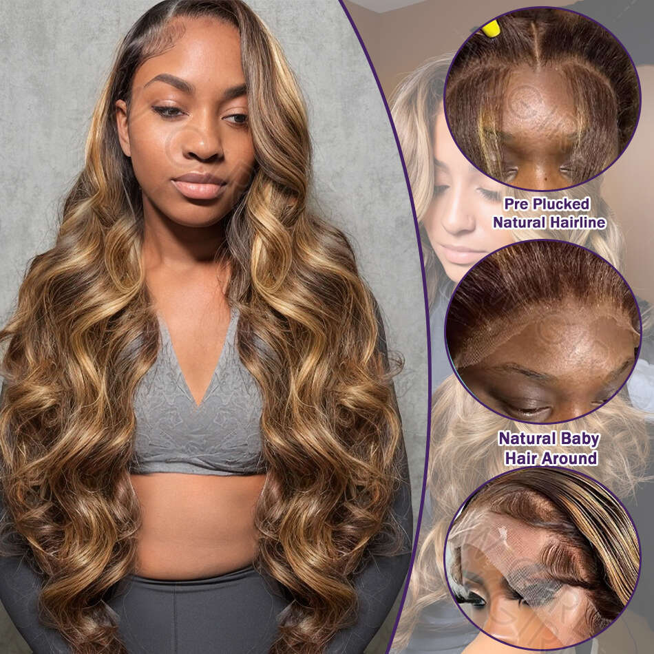 Wigir 250% 40 Inch Highlight Ombre Body Wave 13x6 HD Front Human Hair 4/27 Remy Colored 13x4 Lace Frontal Wig For Women