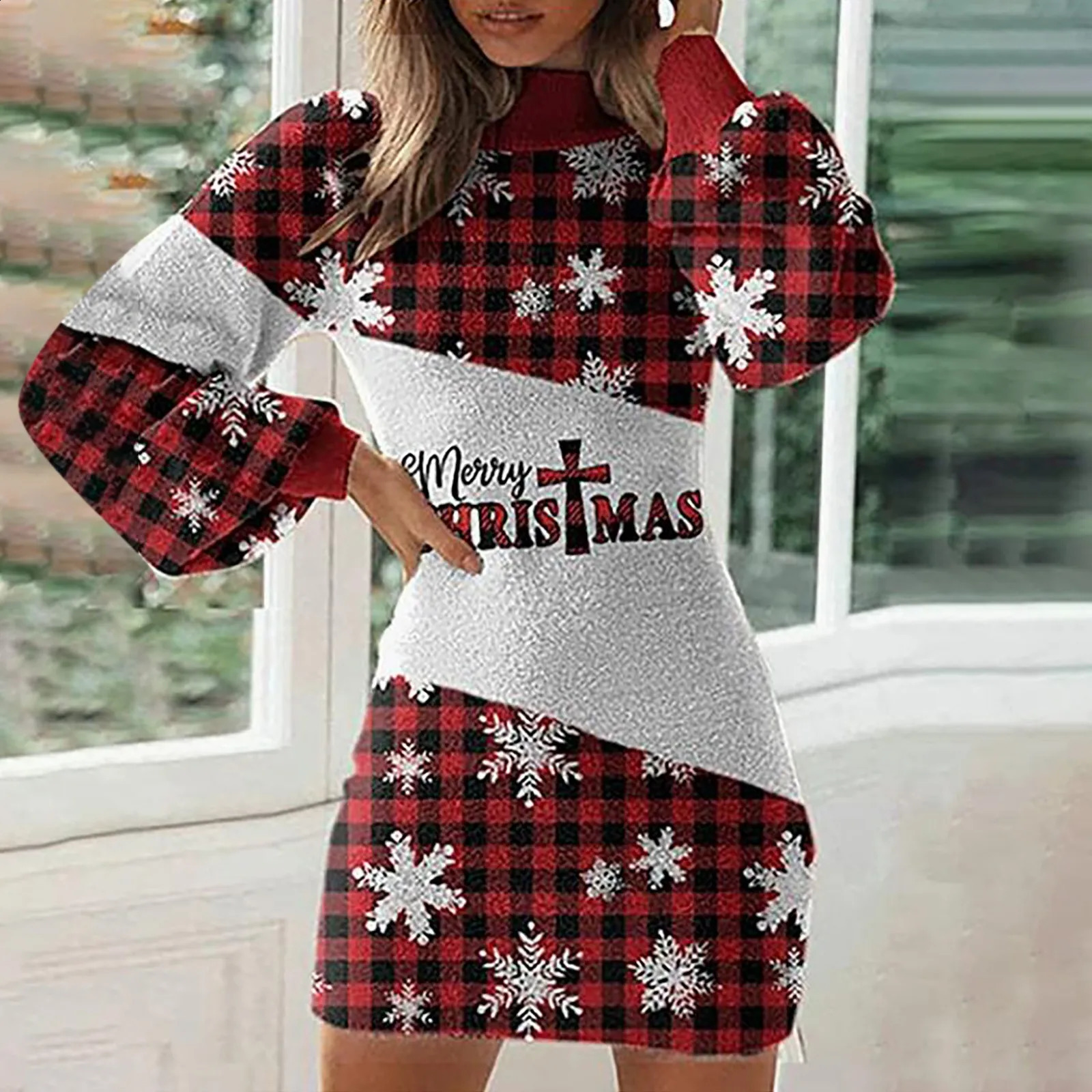 Womens Knitting Sweater Dress Christmas Printed High Collar Lantern Sleeve Mini Dress Club Party Bodycon Jumper Short Dress 241010