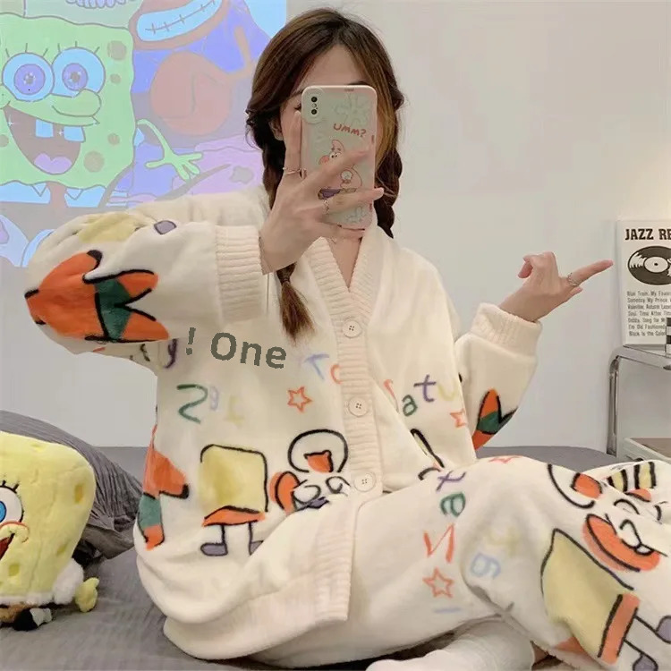 2025 Cartoon Flannel Pama Suit Women s Winter Thickened Princess Style Long Sleeve Cardigan fashion Outerwear Warm Sweet Homewear V neck