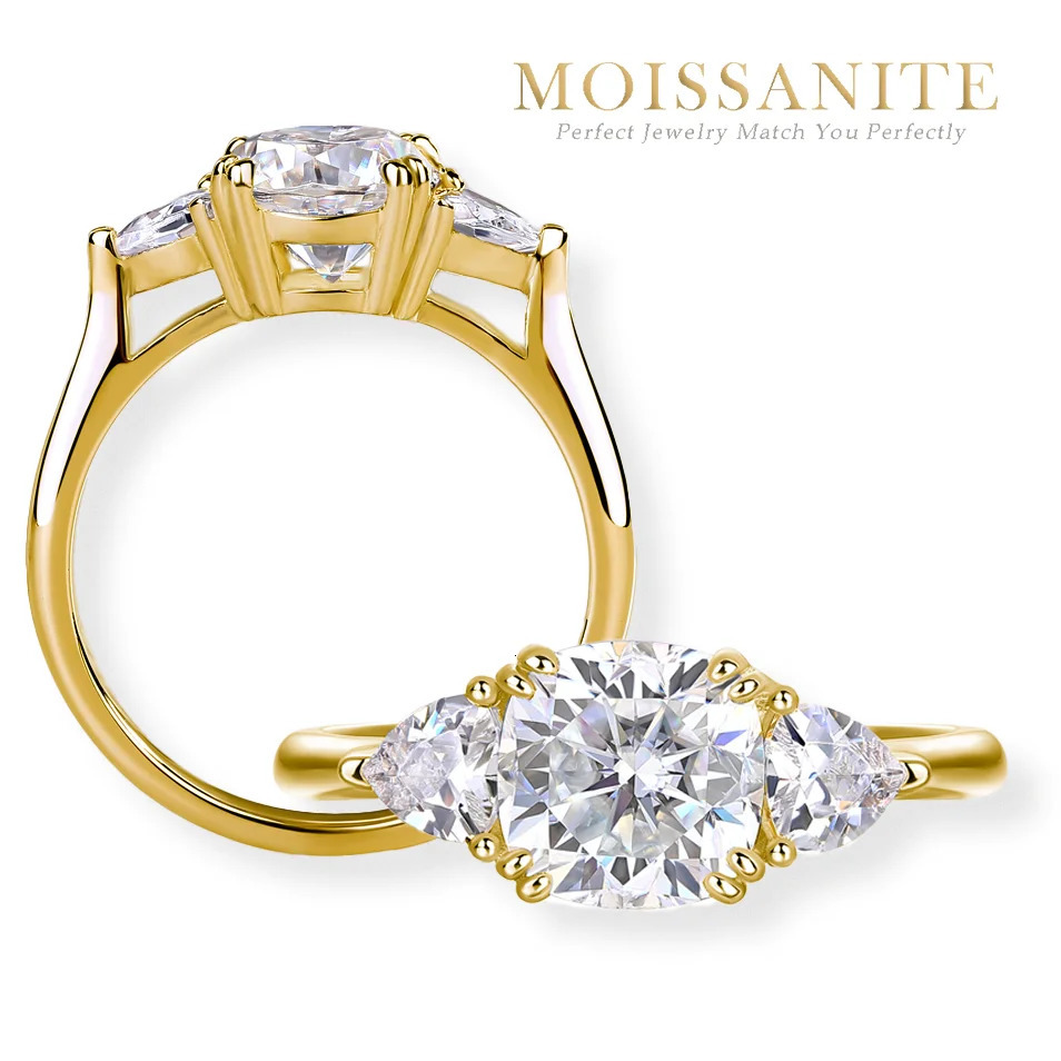 22cttw 3Stone Ring CushionCut Center Stone with Triangular Side Stones S925 Sterling Silver GoldPlated 241010