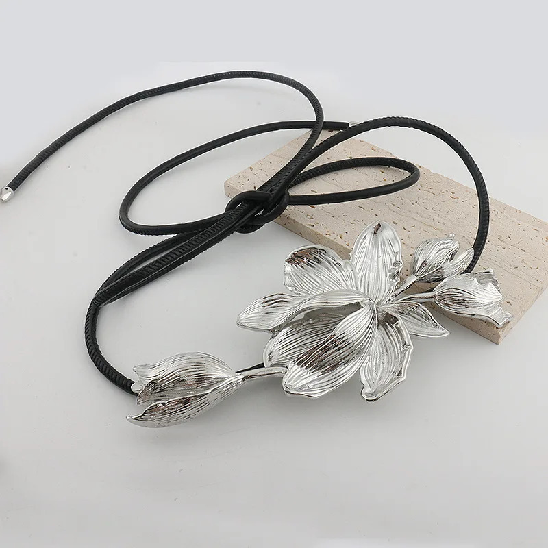 Exaggerated ZAA metal tulip waist chain leather belt 241019