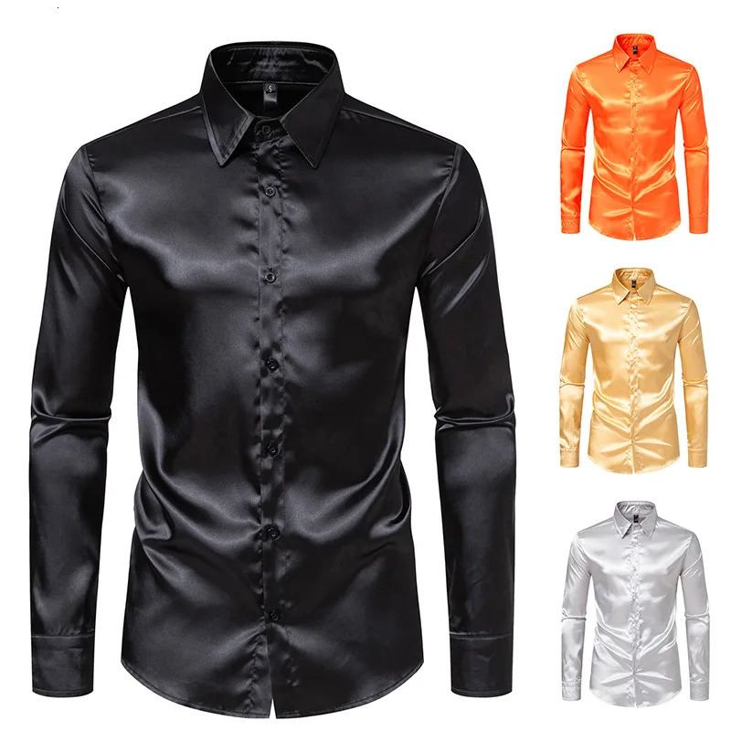 Wxw4756 Spring and Autumn Mens Dress Long Sleeve Solid Color Street Clothing Hip Hop Shirt Collar Satin Shirt Regular Fit 241007