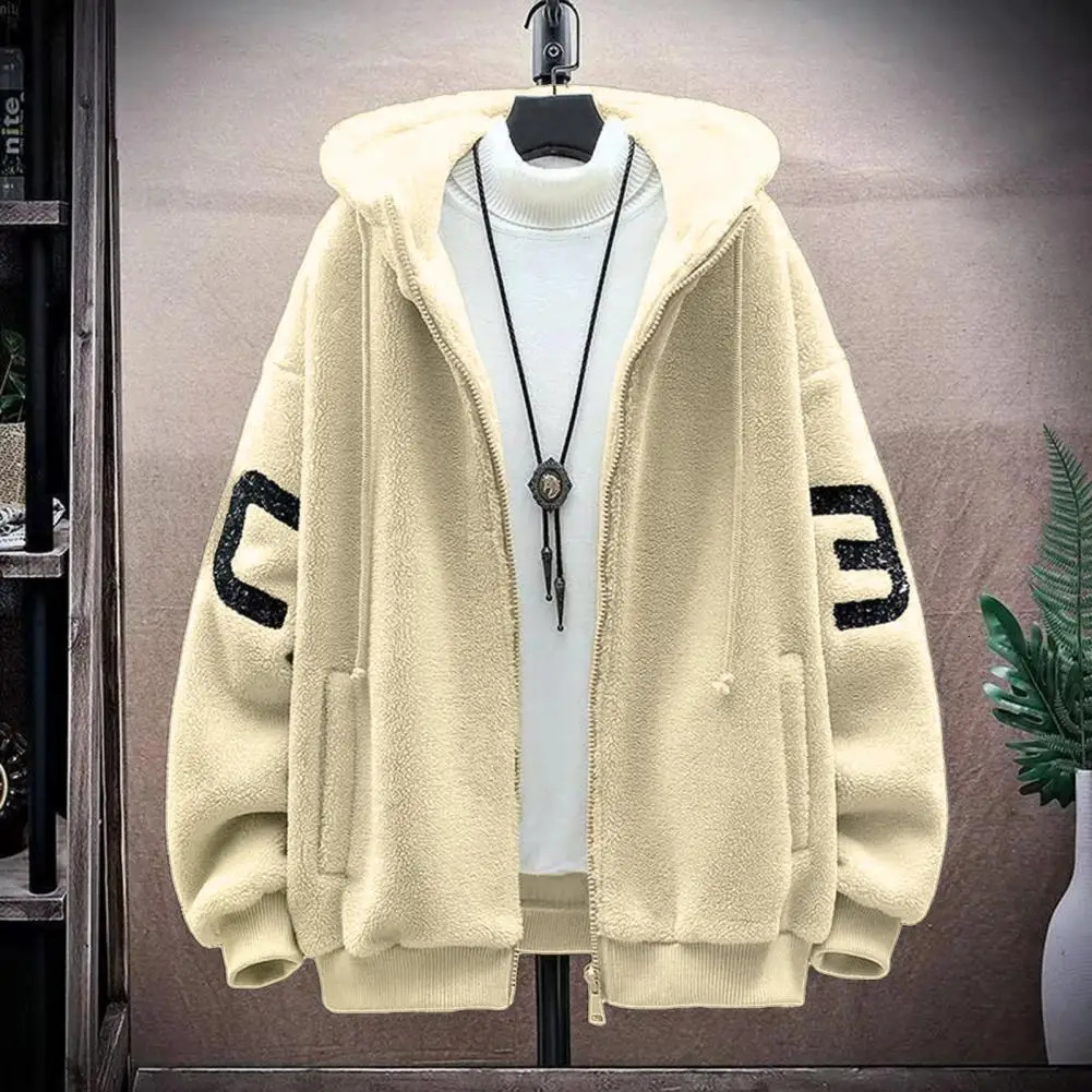 Artificial Sherpa Thick Mens Jacket Zipper Pocket Hooded Jacket Casual Thick Sherpa Lining Warm Mens Jacket 241007