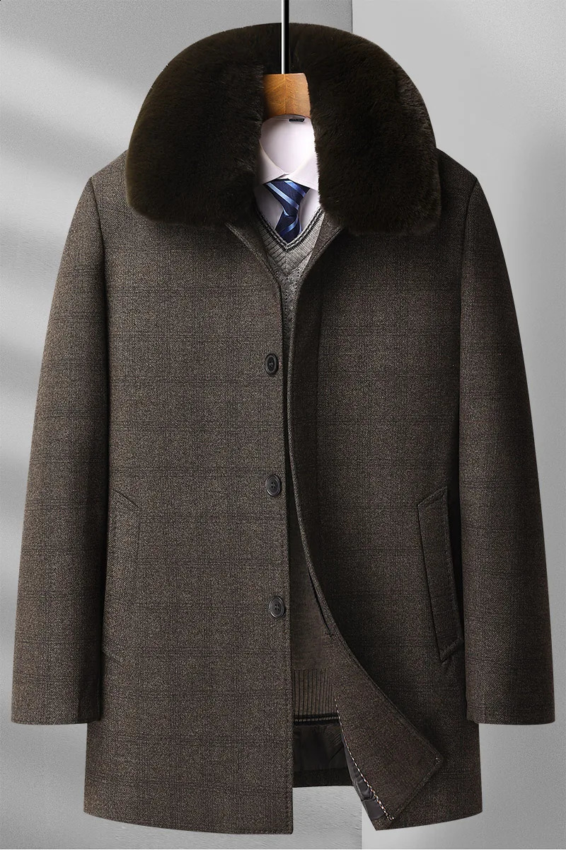 Mens Autumn/Winter Trench Coat Solid Color down Wool Coat Fur Collar Removable Size Warm Comfort Size M-4XL 241019