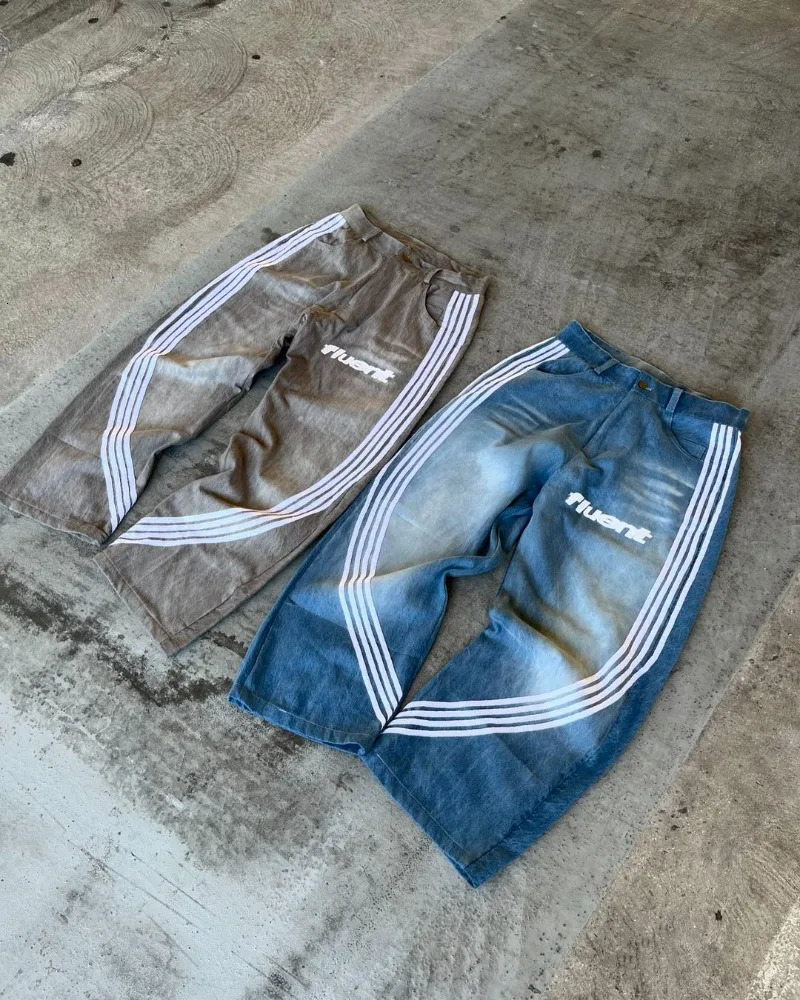 High Street Fashion Washed Letter Striped Jeans Mens Y2k Harajuku Retro High Waist Oversized Wide Leg Pants Womens 241019