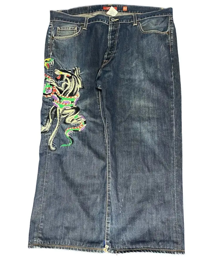 Y2K Harajuku Hip Hop Rock Graphic Print Retro Blue Pocket Jeans Womens Low Waist Wide Leg Trousers 241019