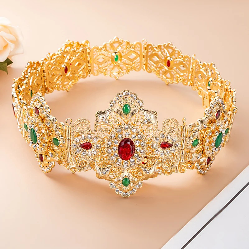 Gold Moroccan Style Bridal Crystal Belt with Hollow Flowers Arad Wedding Derss Anniversary Kaftan Waist Chain Jewelry 241019
