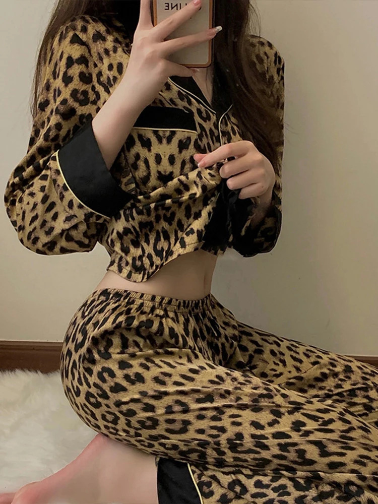 Korean Fashion Leopard Cardigan Leisure Wear Women Nightgown Cosplay Sexy 2024 New Autumn Winter Casual Pama Sets