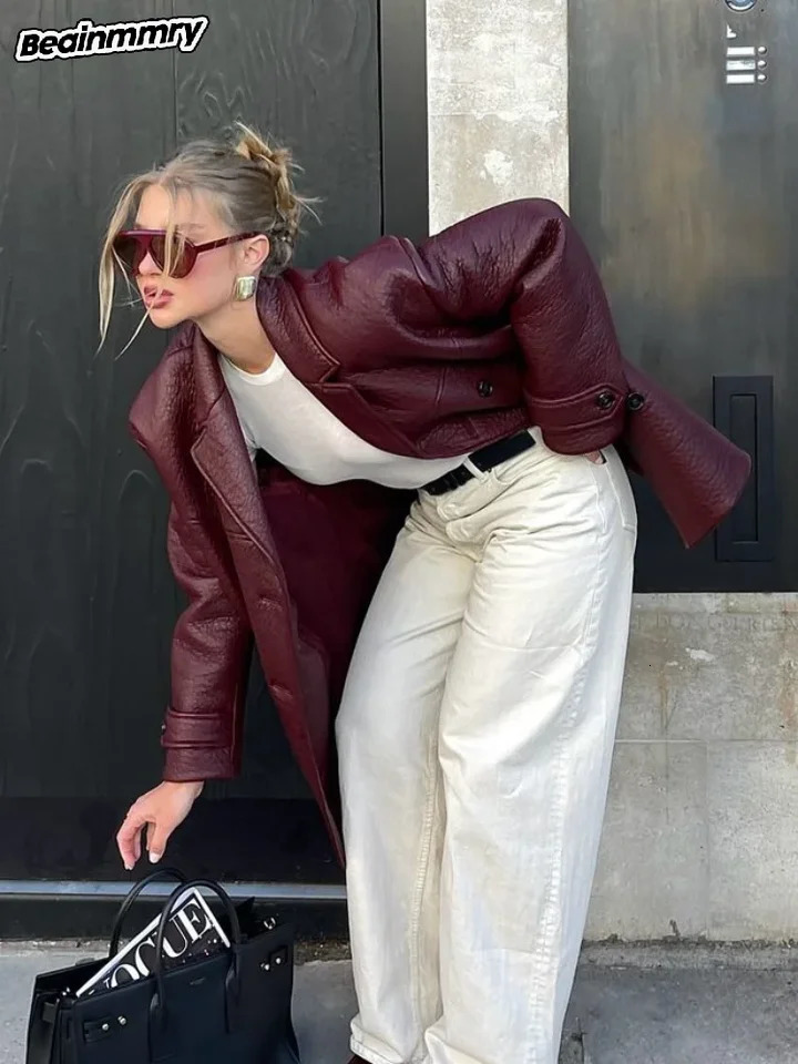 Fashion Burgundy Leahy Leather Jacket Womens Double Collar Shoulder Cushion Coat Womens Fashion Street Coat 241019
