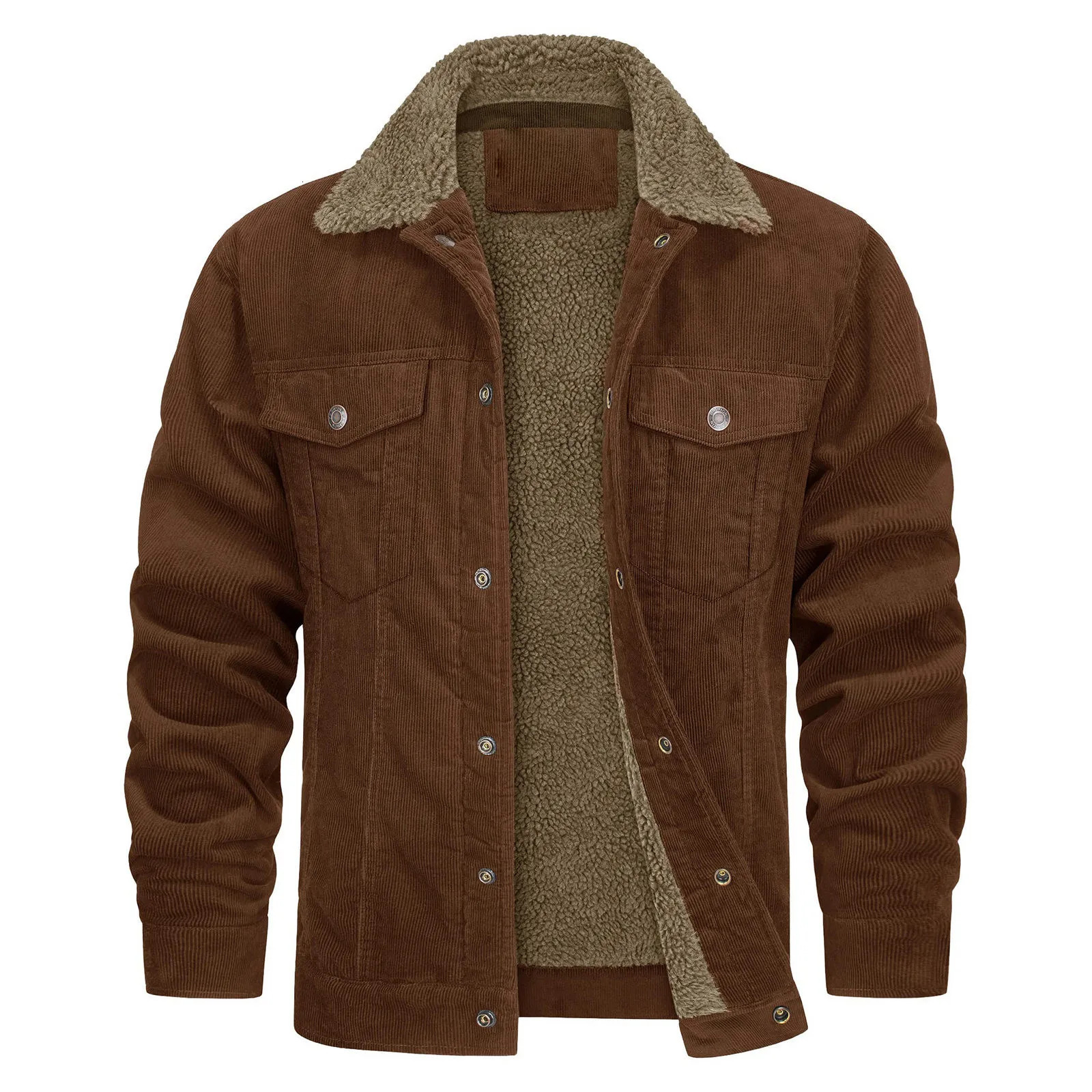 Thick wool lined mens denim jacket with Sherpa lining winter jacket with lapel fashionable solid color multi pocket jacket 241007
