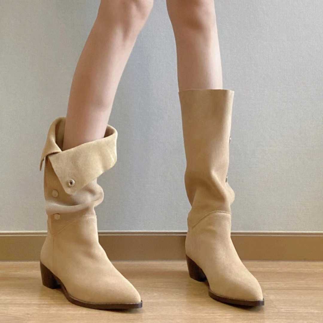 Fashion Boots Shoe Wearing Wrinkled Boots Matte Pile Up Ankle Boots WoMens Thick Heels Temperament Pointed Medium Boots 241008
