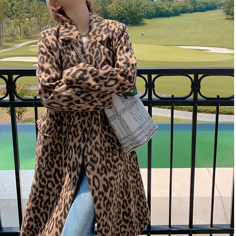 Spring Womens Wool Coat Classic Leopard Pattern Loose Style Long Sleeve Womens Fashion Long Coat Casaco Feminino 241019
