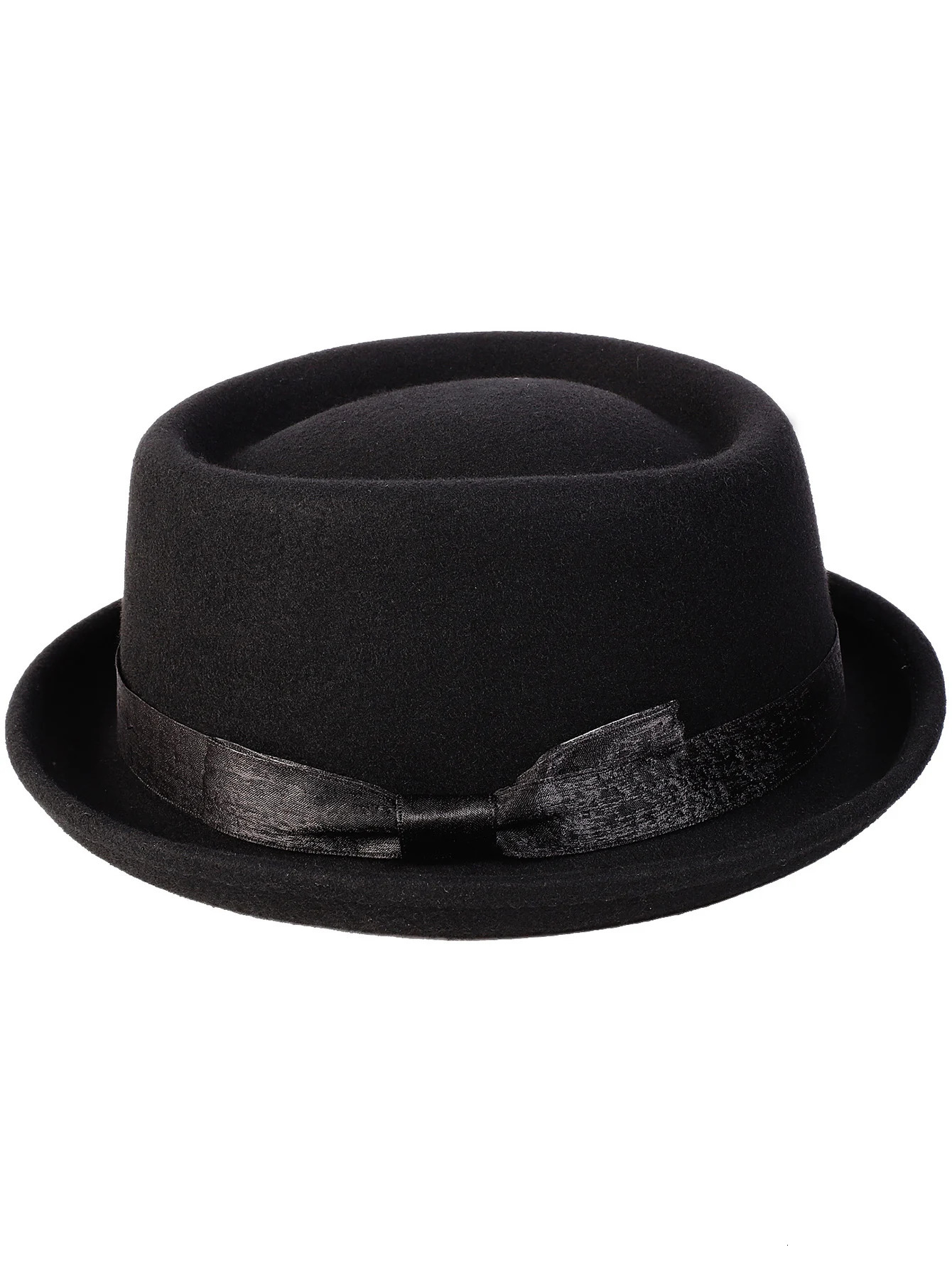 Black Pork Pie Hat Wool Felt Bow Mens Fedora Jazz Hat Church Panama Gangster Hat Mens Fashion Pigskin Hat 241019