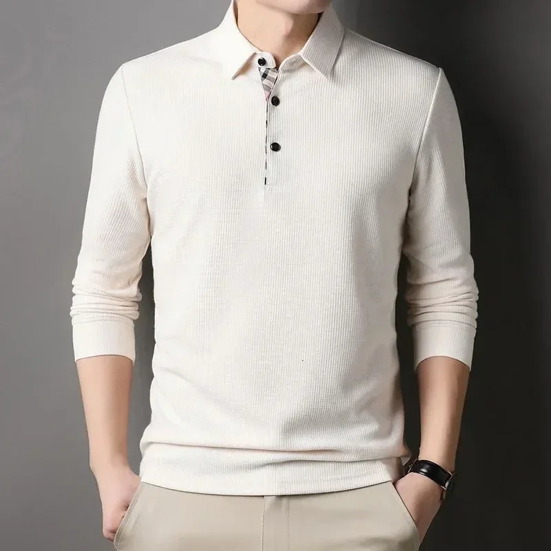 Men Long Sleeve Solid Casual Polo Shirts Spring Autumn Loose Streetwear Male Clothes splicing Lapel Plaid Business Office Tops 241009