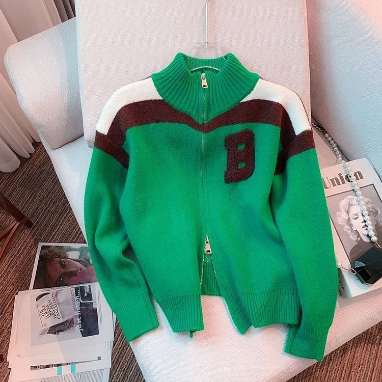 Winter Standup Collar Contrasting Large Size Knitted Cardigan Mens Loose Casual High Street Personalized Longsleeved Jackets 241009