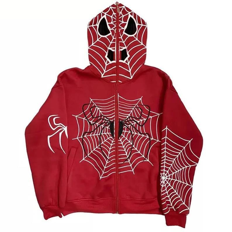 Punk Men Sweatshirt Fashion Spider Web Pattern Hooded Casual Top Zipper Sport Everyday Hoodie