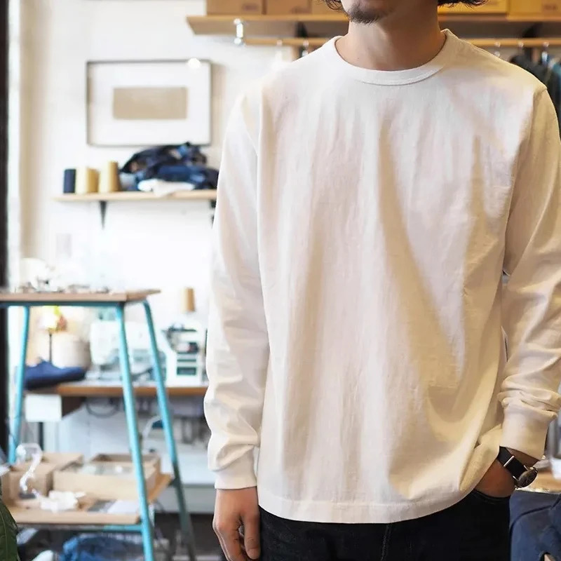 Maden solid T-shirt mens retro cotton college casual retro long sleeved T-shirt candy color sports bottom shirt mens 241019